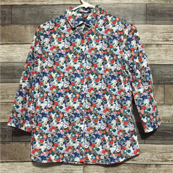 Lands End Non Iron Supima Floral Button Up Shirt 3/4 Sleeve Women’s 2 - Picture 4 of 10